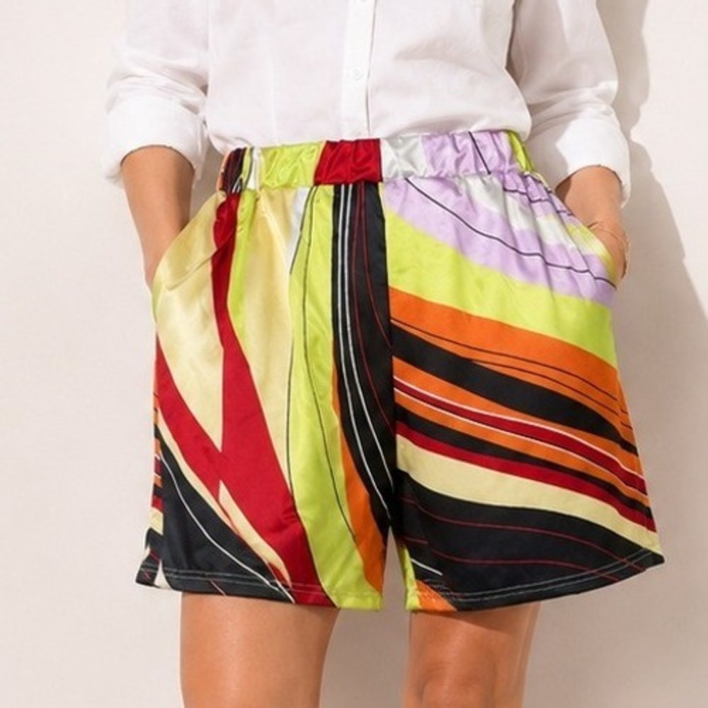 Beulah Multicolor Striped Silk Shorts - Red, Lime, Orange, Black, Lavender